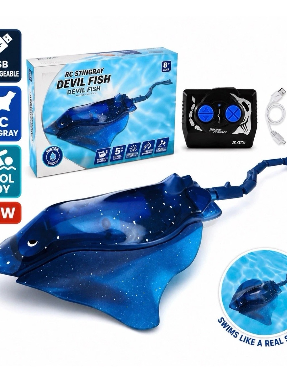 RC Stingray Pool Toy USB Rechargeable Remote Control Devil Fish New
